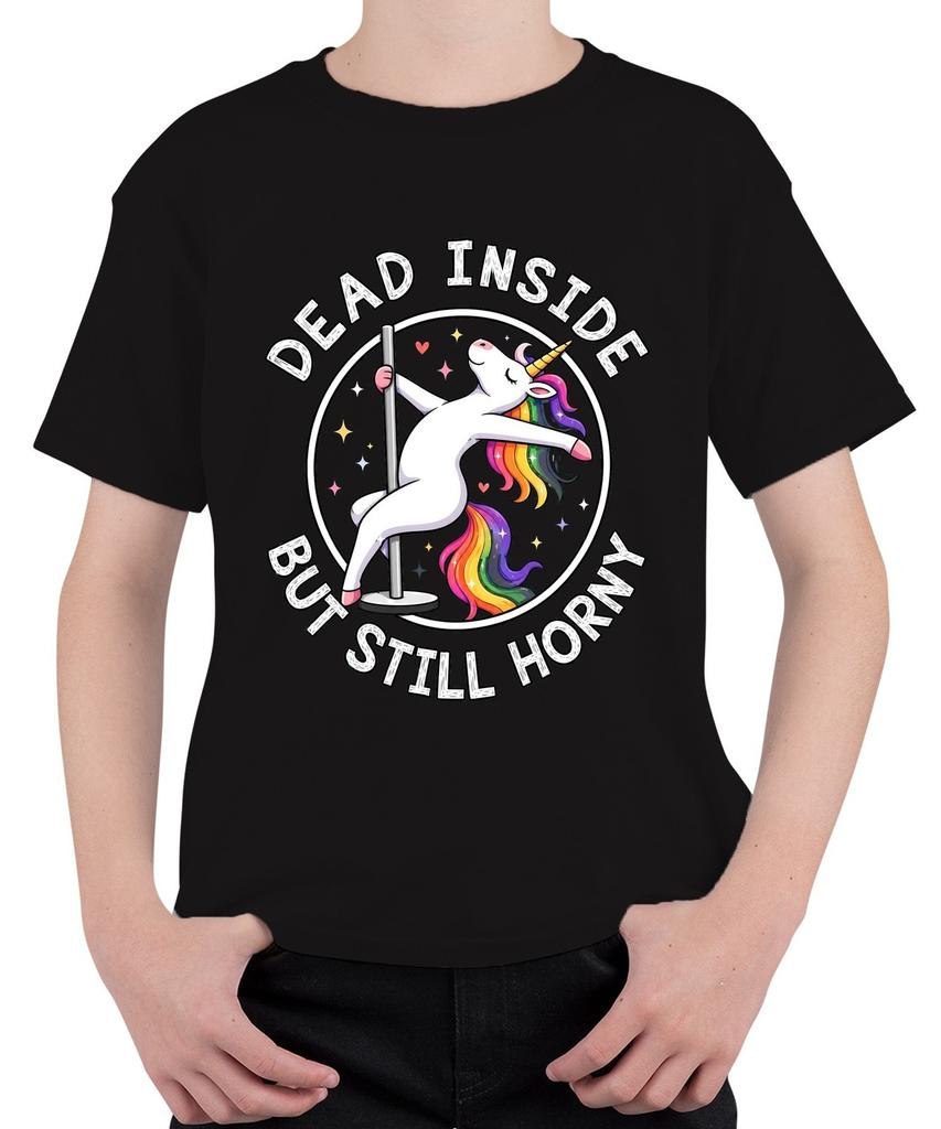 Dead Inside But Still Horny Unicorn Funny Rainbow Sarcasm Kids T-Shirt