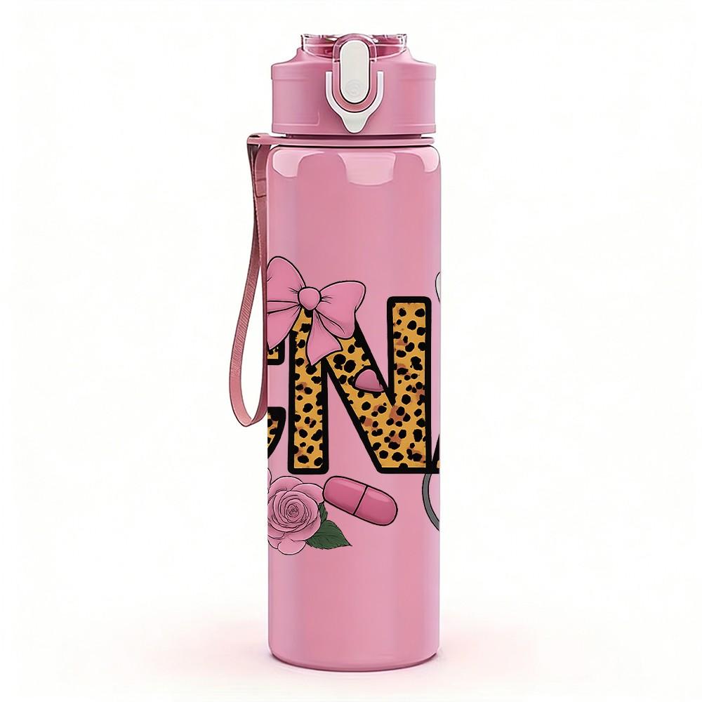1PC CNA Leopard Floral Border 750ml Color Plastic Sports Water Bottle Leakproof Flip Straw Lid Suitable for Sports Office Home Use