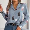 Women Long Sleeve Blouse Feather Print Suit Collar Shirt Spring Autumn Temperament Fashion