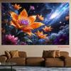 2D Themed Tapestry for Modern Decor, Cosmic Flowers with a Bright Nebula and Starry Night