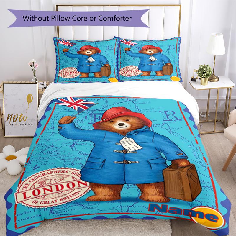 3pcs Custom Name Paddington Bear Bedding Set Duvet Cover Closure Includes 1 Duvet Cover & 2 Pillowcases, Soft and Comfortable for All Seasons.