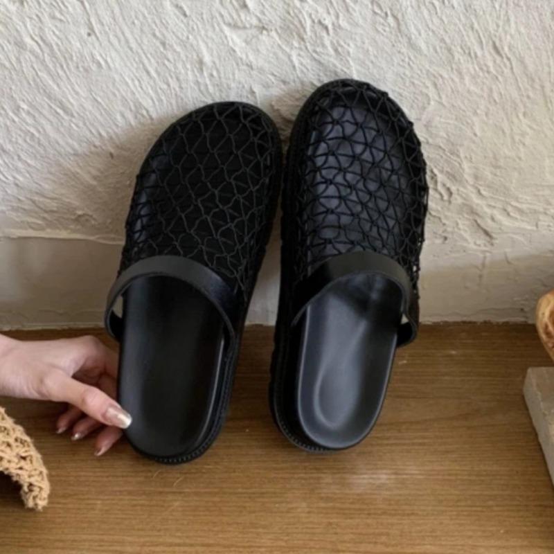 Модные тапочки баотоу летние новые сетчатые с круглым носком полые жемчужные цветы бант-бабочка мягкая подошва нескользящие туфли на плоской подошве