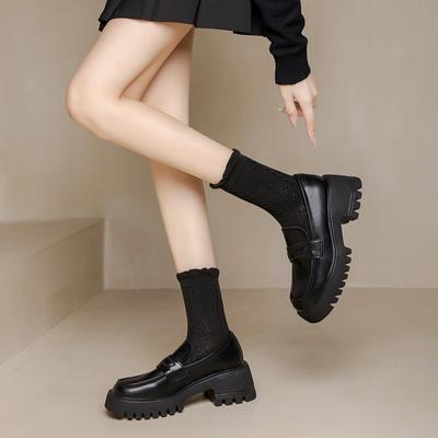 Лоферы, женские новые черные кожаные туфли в британском стиле на толстой подошве с квадратной головкой в ​​стиле ретро, ​​женские туфли на толстом каблуке