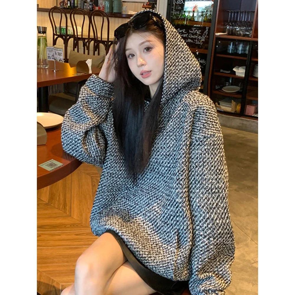 Woman Tops Baggy Autumn and Winter Hoodies Cold Hooded Tweed Sweatshirt for Women Loose Warm Thick Nice Color Sport Y 2k Vintage