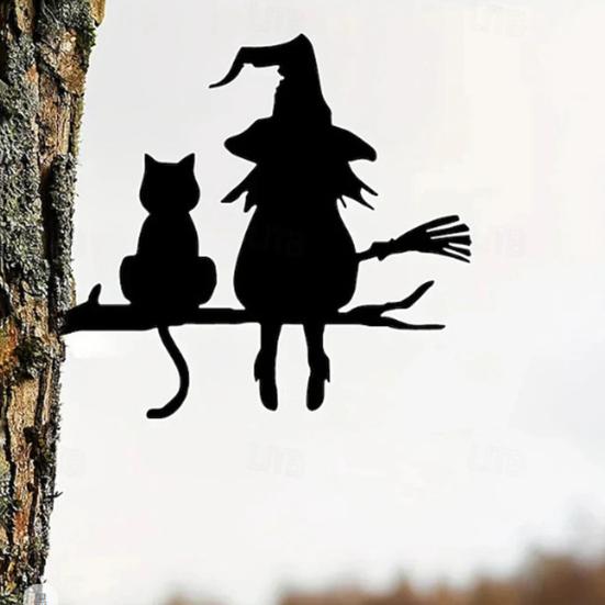 Halloween Garden Stake Witch And Cat Tree Decoration Iron Tree Stake with Pre-drilled Holes for Patio Yard Garden Decor