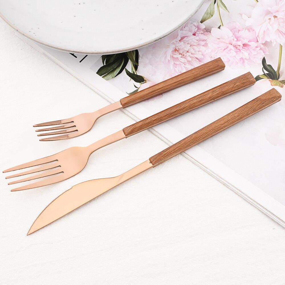 5 шт., набор столовой посуды с деревянной ручкой, посуда из нержавеющей стали, нож для стейка, вилка, десертная ложка, столовые приборы, кухонные столовые приборы в западном стиле