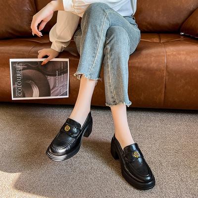 Ретро камелия толстый каблук женские весенние новые круглый носок платформа одна педаль маленькие кожаные туфли