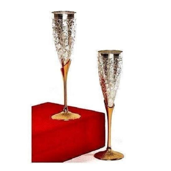 Wine Glass 100 Ml (Set Of 2) | Silver Plated Goblet Flute Wine Glass With Velvet Box Packing