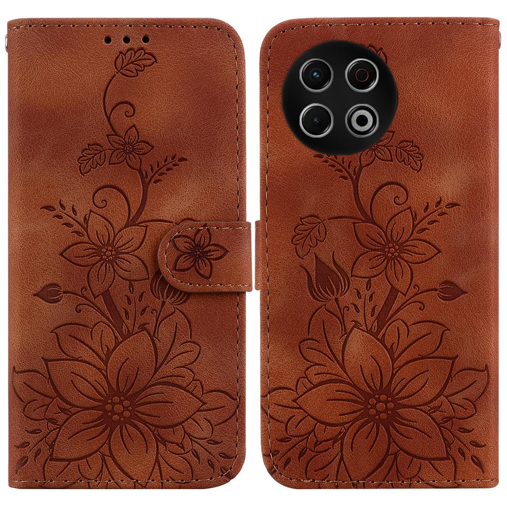 For TECNO Spark 30 Pro 4G Stand Case Lily Flower Imprint Leather Phone Cover with Wrist Strap