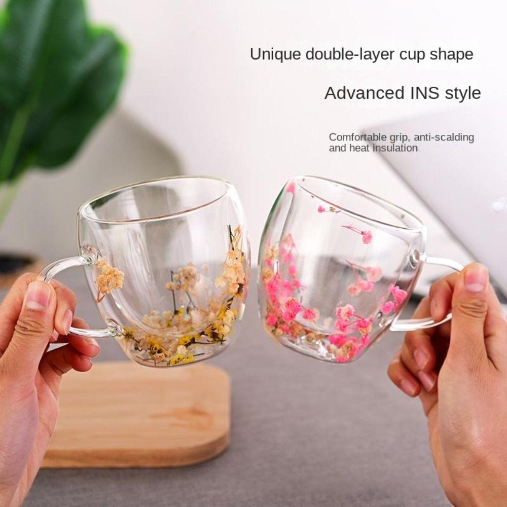 Креативная стеклянная чашка с двойными стенками, кофейная кружка с настоящим сухоцветом, чашка для чая и кофе с ручками, термостойкая кружка в подарок