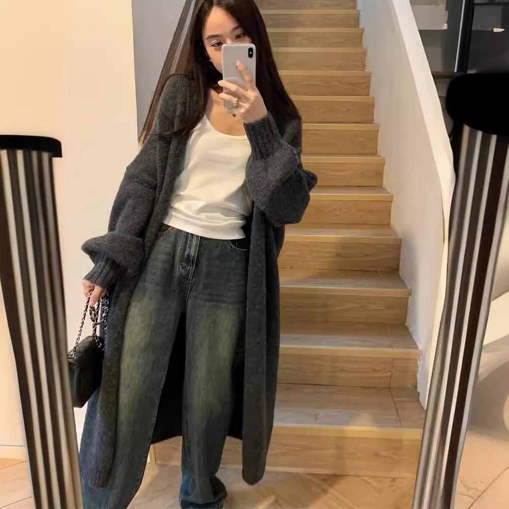 Женская мода повседневная зимняя винтажная однотонная длинная куртка свободного покроя с длинными рукавами