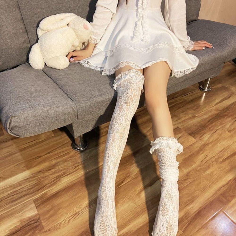 2Pairs Nylon Transparent Stockings Mesh High Tube Long Socks Sweet Lace Flower Stockings  Lady