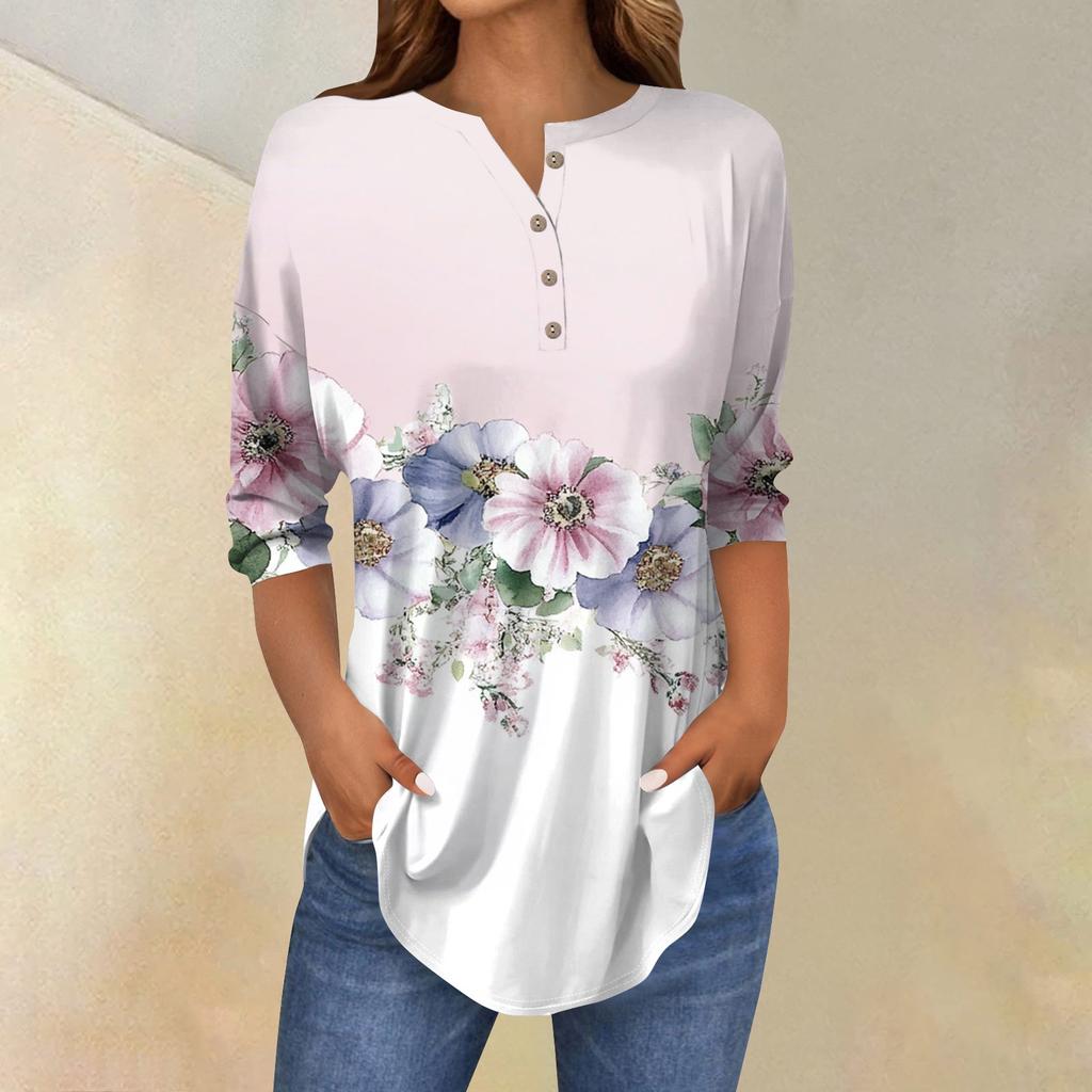 Женская свободная футболка с воротником на пуговицах и винтажным цветочным принтом, рукав три четверти