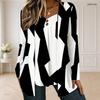 Women Plus Size Square Neck Long Sleeve Button Detail Layered Front Black White Printed T Shirt