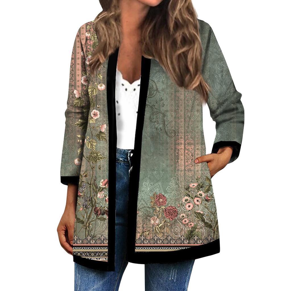 Women's Fall And Winter Fashion Casual Printed Long Sleeve Mid-Length Cardigan Jacket