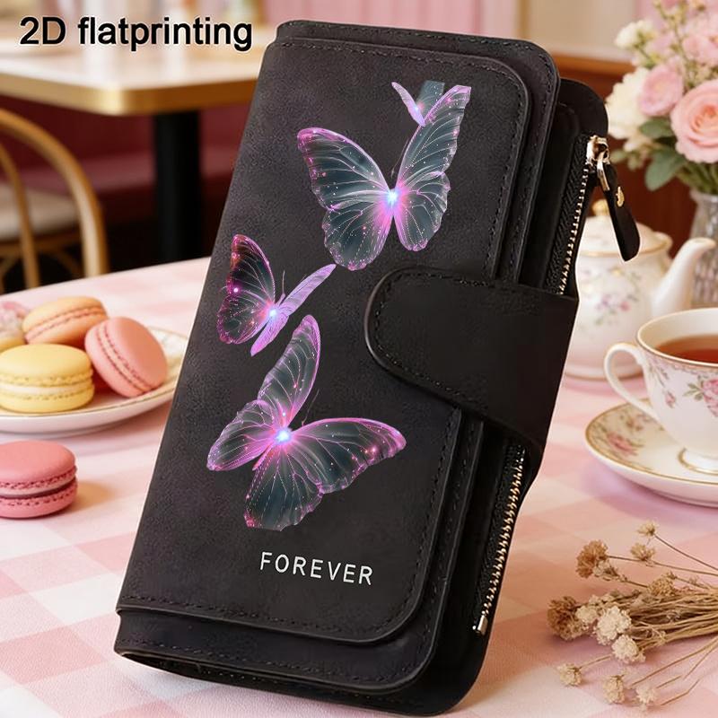 Butterfly women's long wallet, multifunctional wallet, portable snap-button coin purse, suitable for birthday gifts and daily commuting, dedicated to