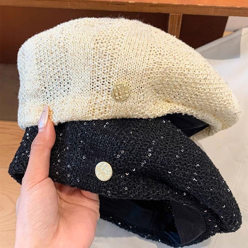 Берет с пайетками с вырезами, дышащая вязаная крючком шапка, шапка без полей, плетеная шапка, для праздника