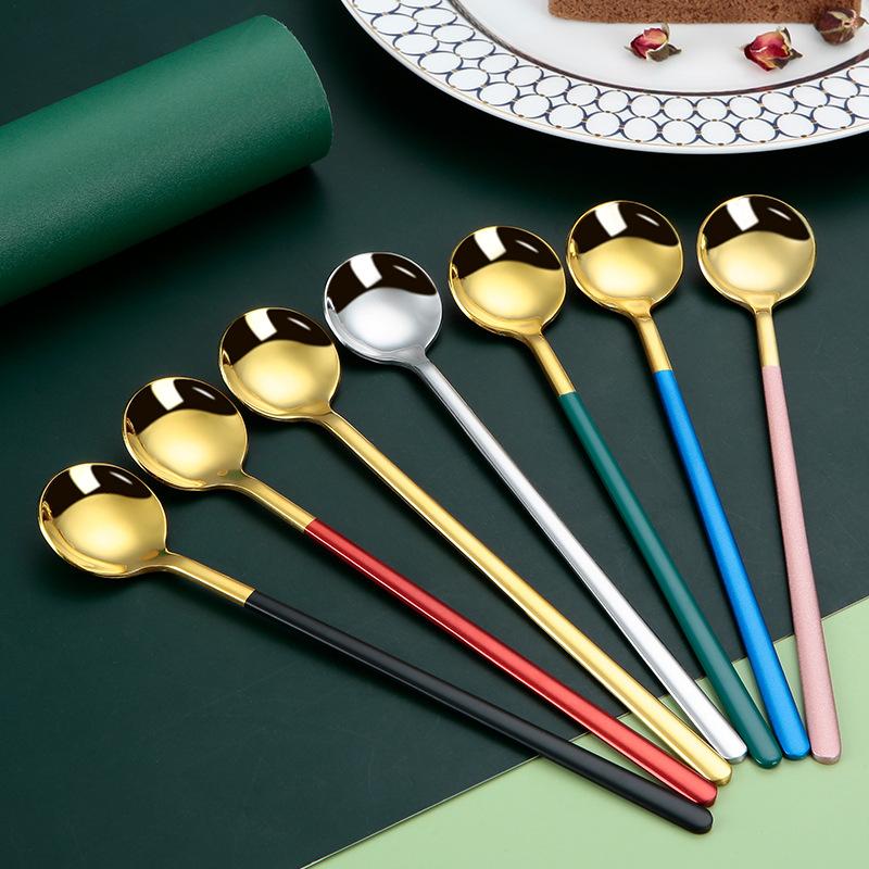 Long Handle Coffee Mixing Spoon Stainless Steel Round Head Ice Cream Dessert Teaspoon Gold Tableware Kitchen Dinnerware Utensil