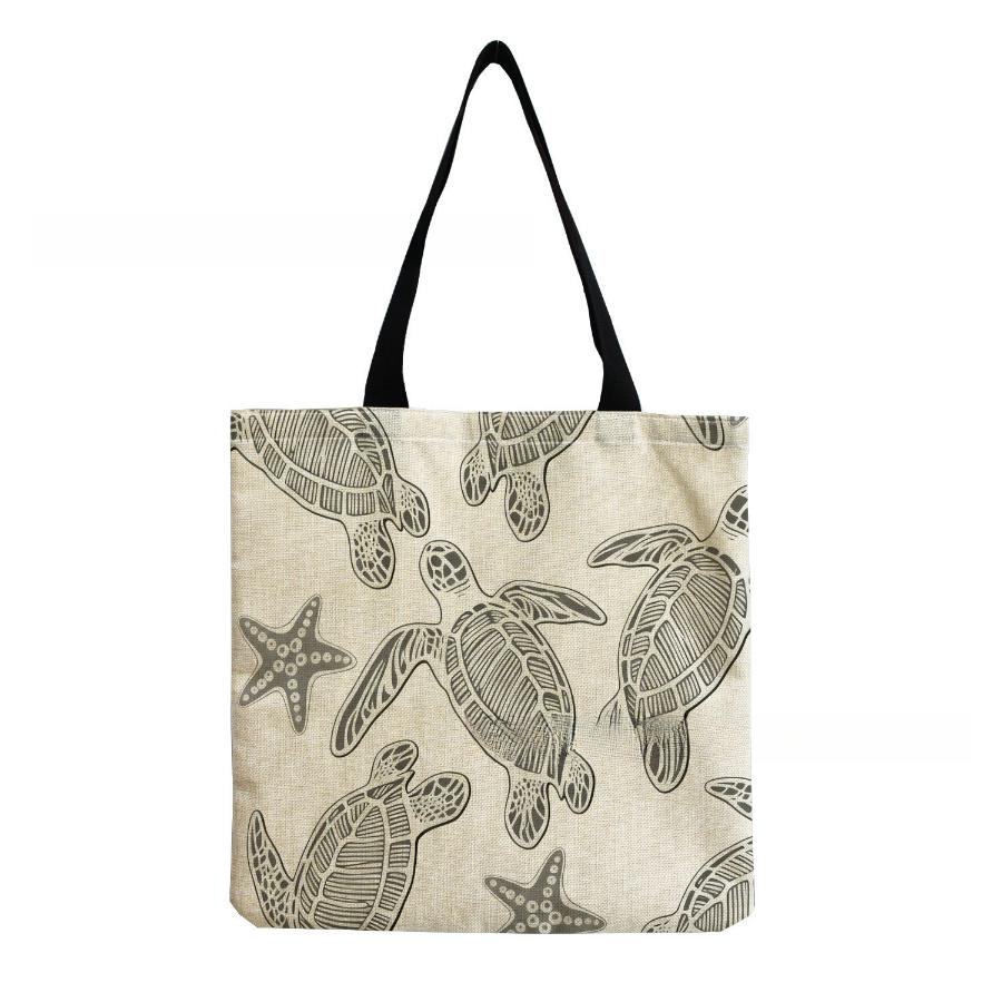 Женская винтажная льняная сумка-тоут - Большая вместимость с принтом морской черепахи, сумка через плечо и для покупок KTB