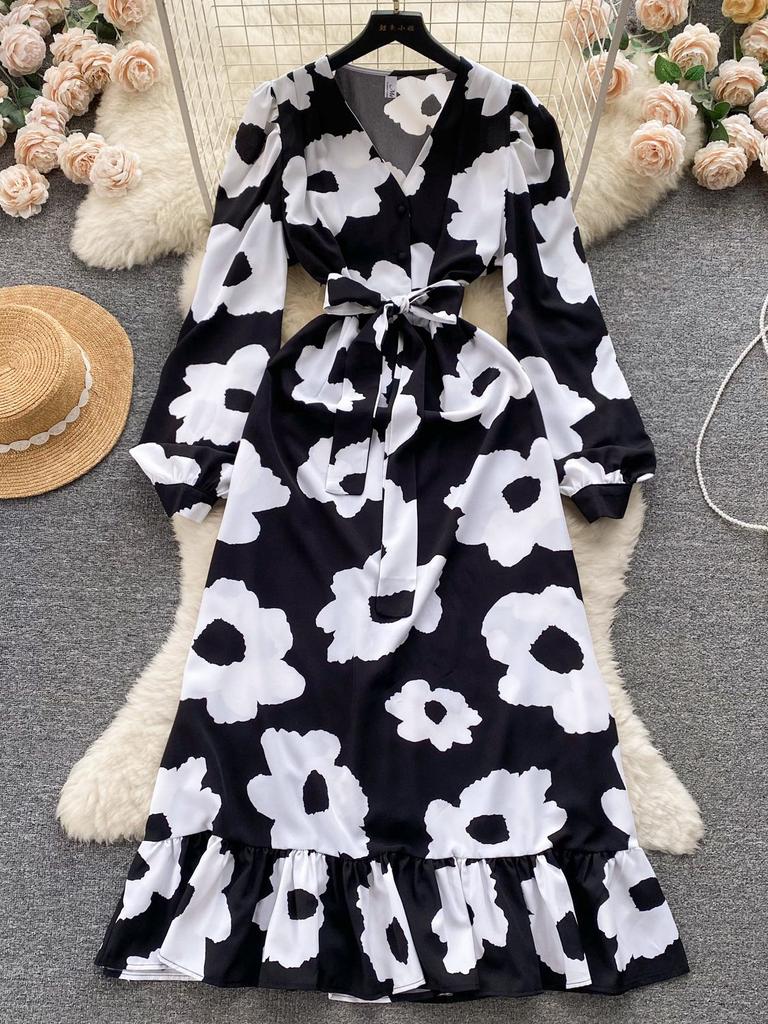 Модное женское платье с цветочным принтом, осеннее элегантное винтажное Бандажное длинное платье макси с рюшами по подолу, вечерние платья