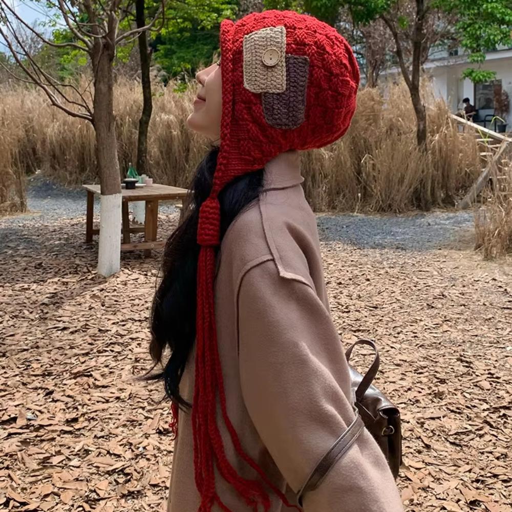 Harajuku Designed Crochet Lei Feng Hat Keep Warm Pullover Hat Sweet Ear Protection Hat Ladies