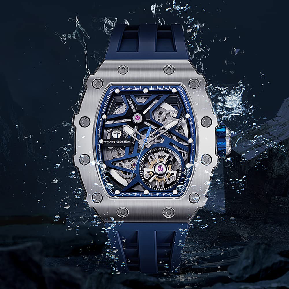 Часы TSAR BOMBA Business 50M Водонепроницаемые скелетонированные часы Стильные наручные часы из нержавеющей стали с циферблатом-бочкой для мужчин Светящийся японский механизм синего цвета