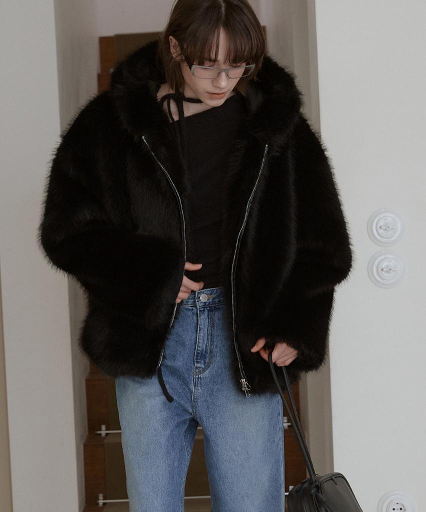 Sigreat Faux Fur Hoodie Zip-Up Jacket_Black