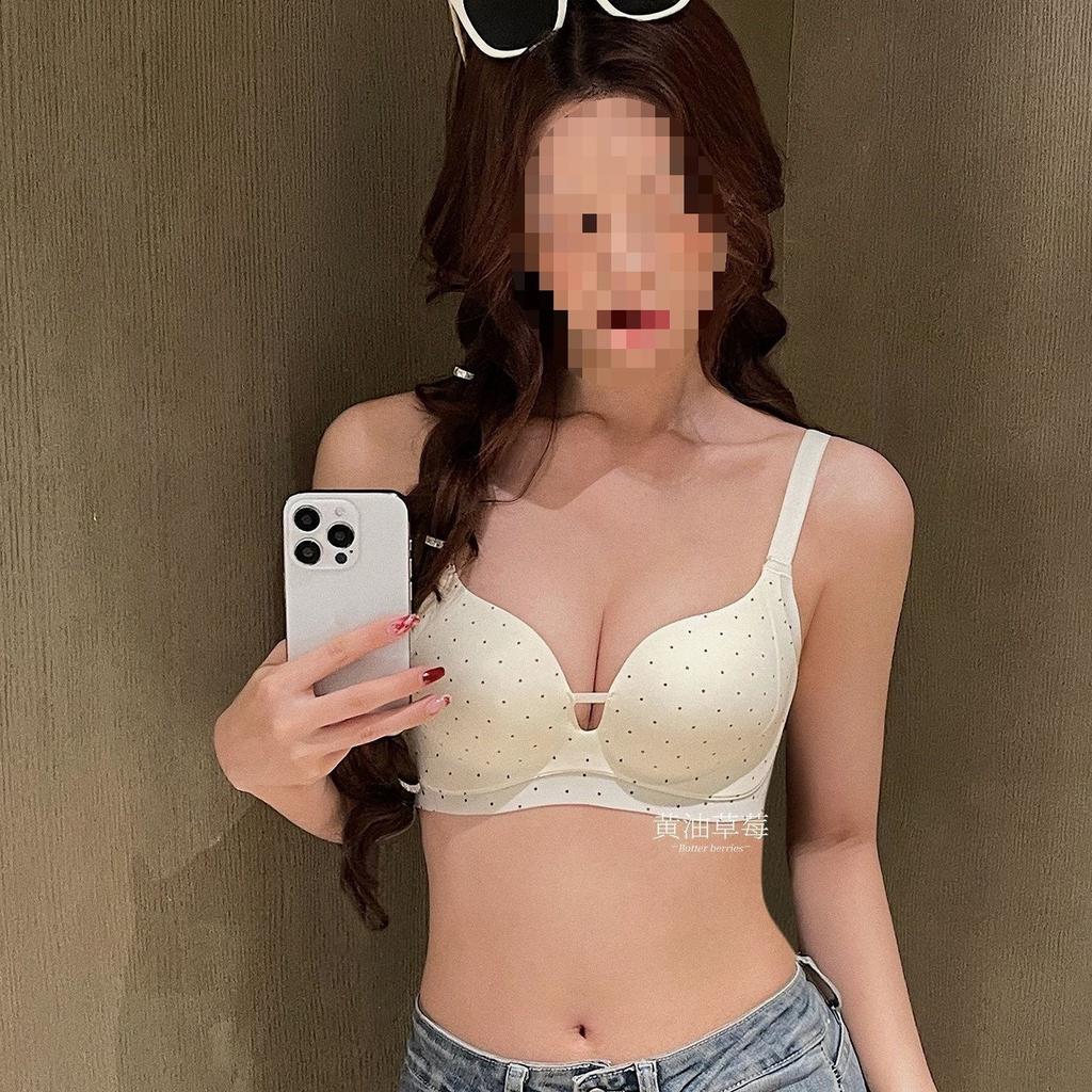 New sweet hollow polka dot underwear women's small breasts gather and show large, no steel ring, no empty cup, anti-hanging upper support bra cover