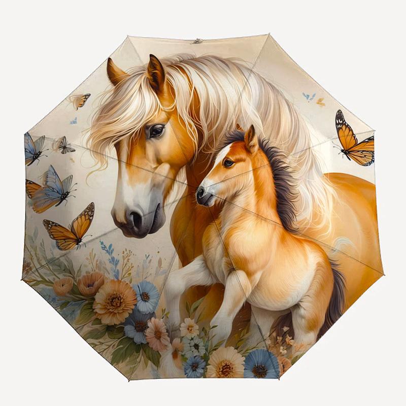 Horse Family Butterflies Automatic Folding umbrella Compact 8 rib Design, Unique Style, Suitable for Everyday Outdoor Use, Perfect Gift for