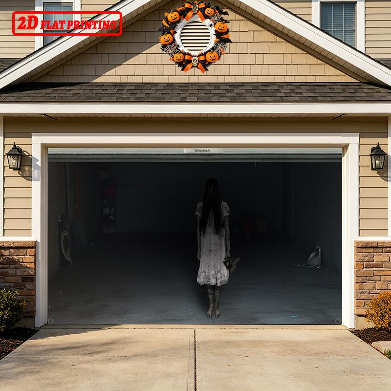 2D flat-print Halloween garage door coverings - Terrifying long-haired ghostly horror garage door banners - zyc
