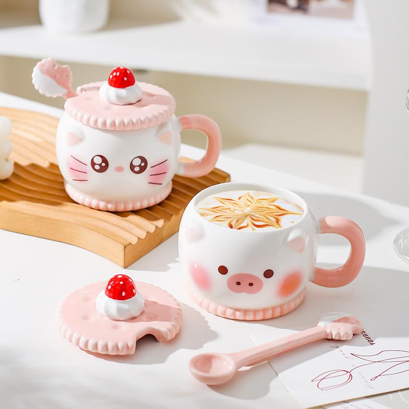 Креативная милая мультяшная керамическая кружка розовая с сердечком для девочки подарочная чашка для воды с крышкой ложкой чашка с котиком и свиньей