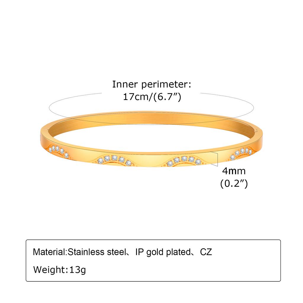 Stainless Steel Bangle, 18K Gold Plated Love Friendship Bracelet, Cubic Zirconia Inlay, Layered Jewelry