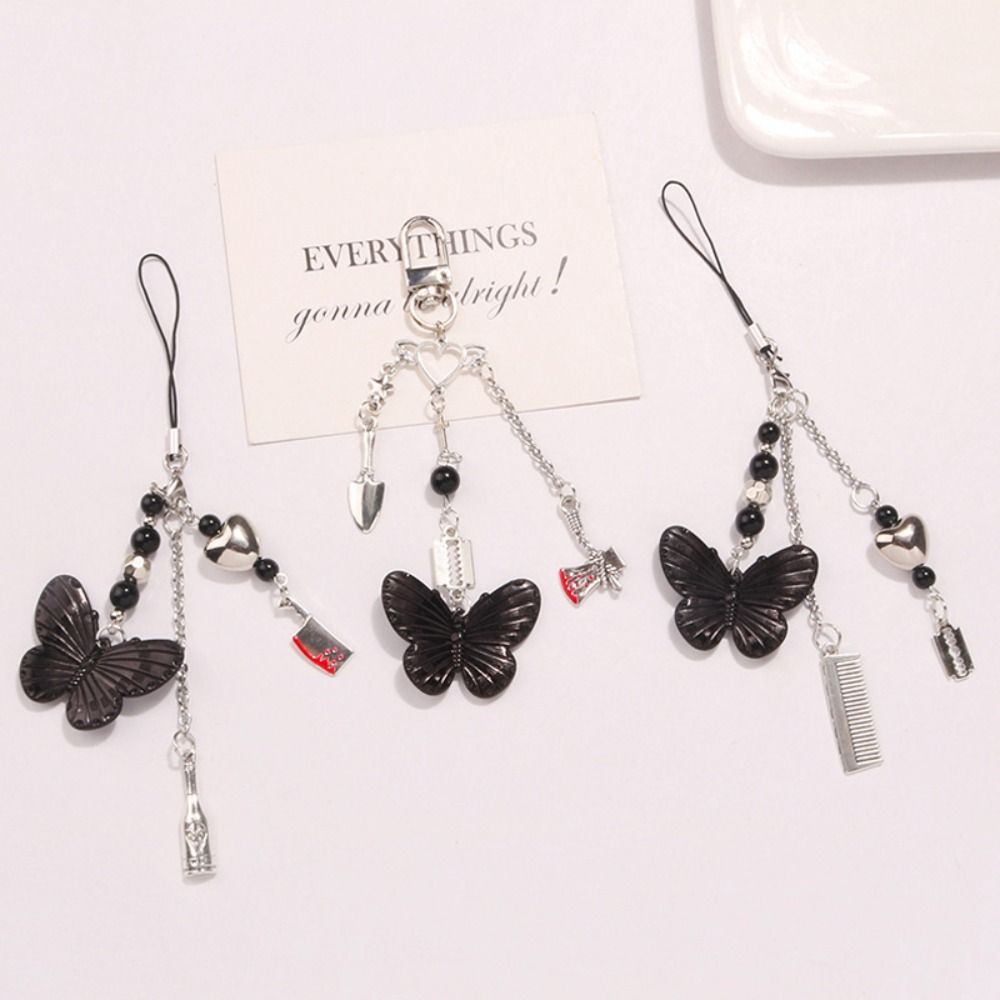 Gothic Style Mobile Phone Chain Black Butterfly Mobile Keychain Lanyard  Phone Pendant