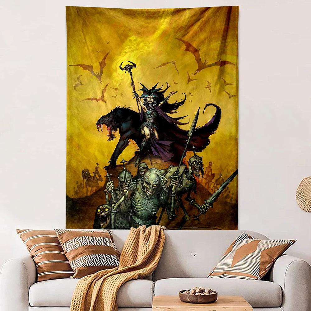A dark sorceress leads undead warriors and a beast against a fiery sky. Patterned tapestry for bedroom and living room home decor