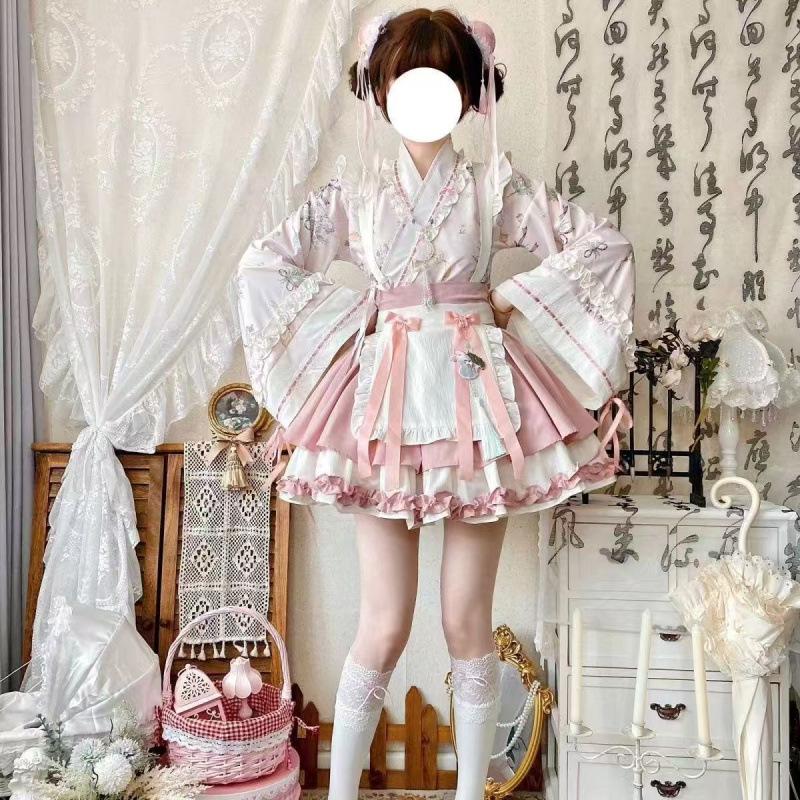 Летний костюм горничной в стиле Лолита Ханфу: Платье с перекрестным воротником и короткая юбка с элементами хан для женщин