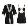 Women's Solid Lace Trim Lightweight Cami Sleep Dress with Tie Bathrobe Lounge Set