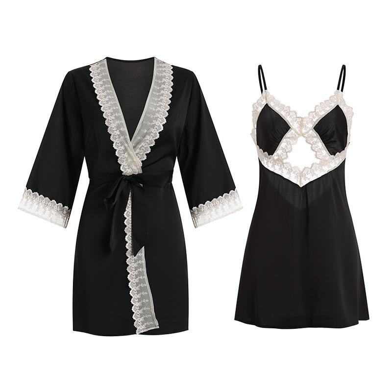 Women's Solid Lace Trim Lightweight Cami Sleep Dress with Tie Bathrobe Lounge Set