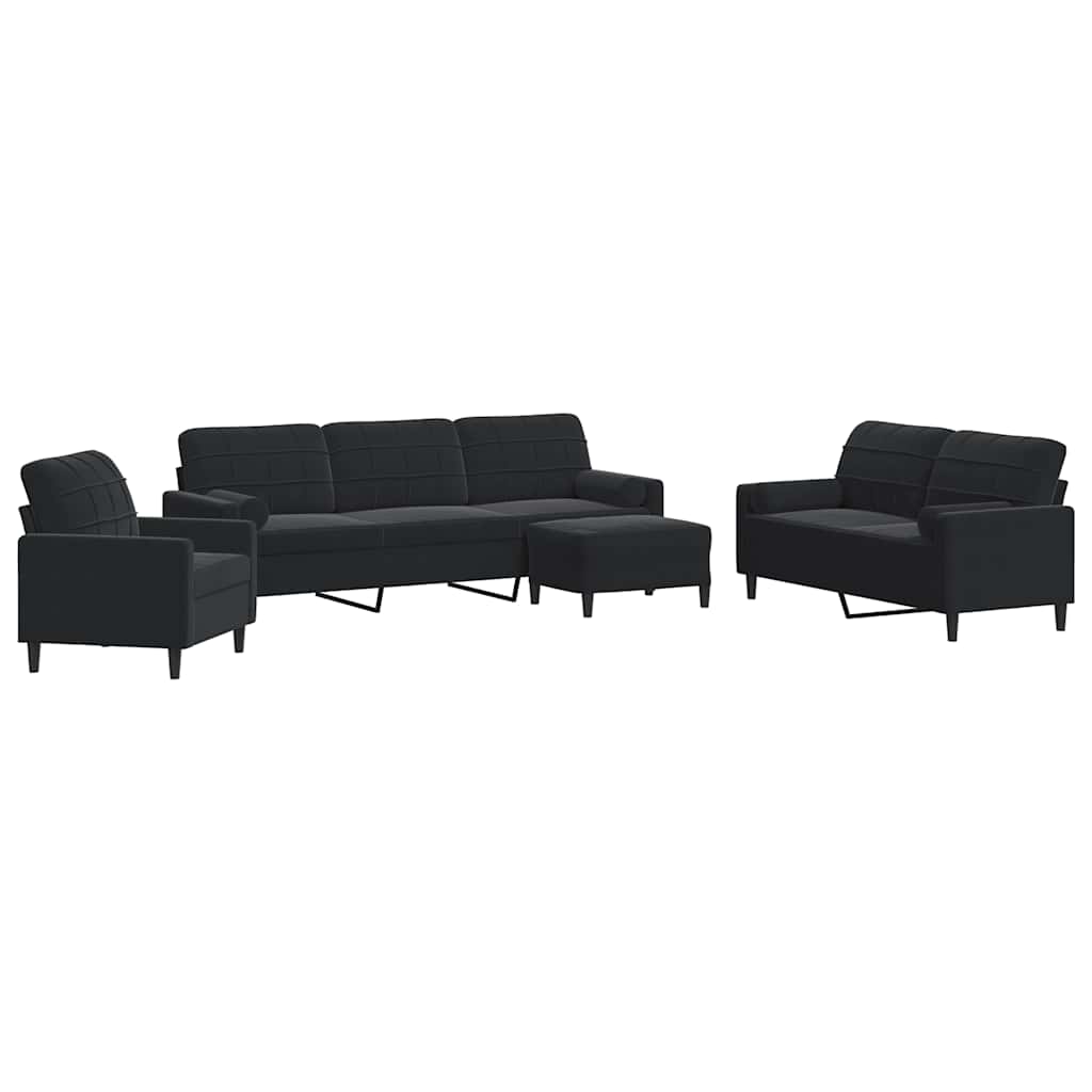 4 Piece Velvet Sofa Set with Cushions and Neck Roll Pillows Black