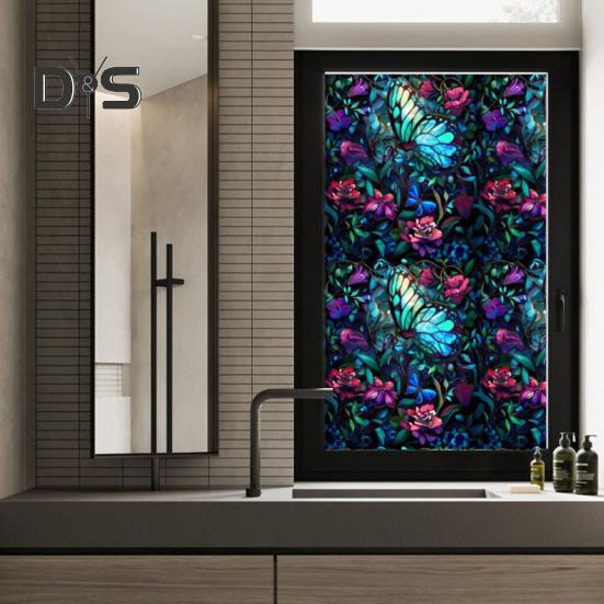 Stained Glass Static Window Film Vintage Flower Privacy Protection Sun Blocking Glass Cling Waterproof PVC Window Covering Film