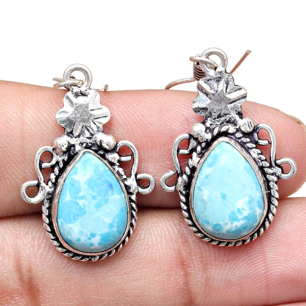 Карбиан Ларимар Драгоценный Камень Ручной Работы Подарок Для Нее Серебряные Ювелирные Изделия Серьги 1.5''