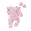 Baby Girl Fall Romper Plaid Print Ribbed Long Sleeve Round Neck Full Length Ruffled Zipper Jumpsuit with Bow Headband
