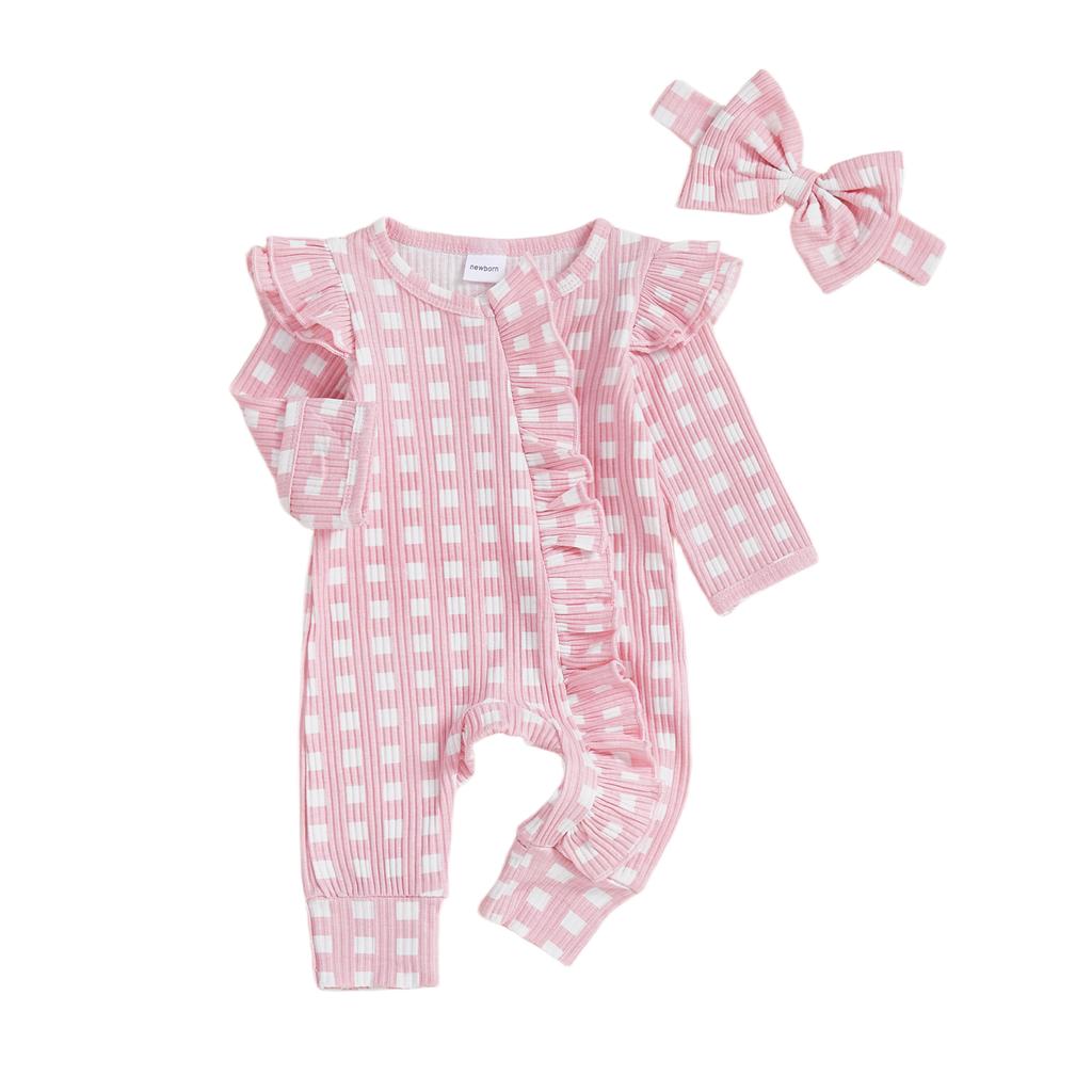 Baby Girl Fall Romper Plaid Print Ribbed Long Sleeve Round Neck Full Length Ruffled Zipper Jumpsuit with Bow Headband