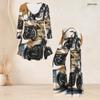Women Plus Size Two Piece Set V Neck Three Quarter Sleeve Cartoon Excavator Printed Flared Top And Flared Pants
