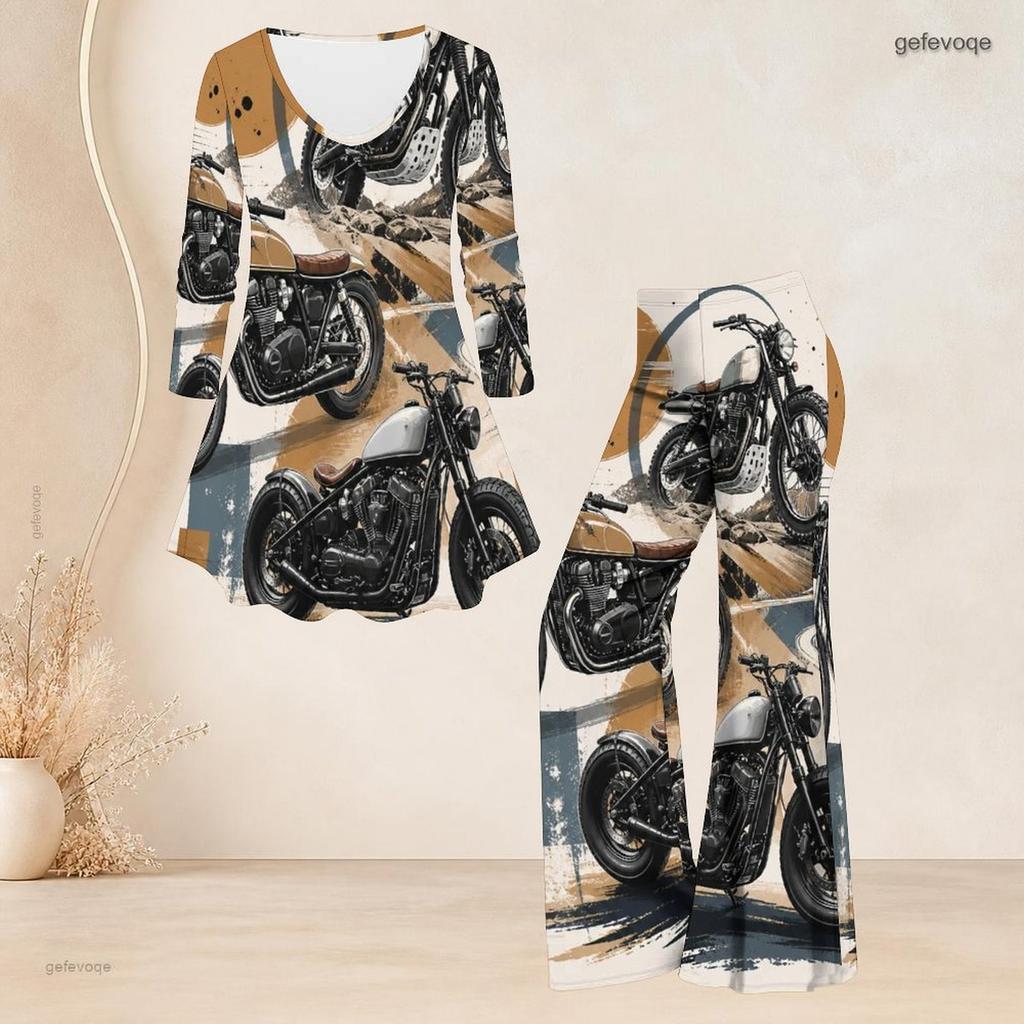 Women Plus Size Two Piece Set V Neck Three Quarter Sleeve Cartoon Excavator Printed Flared Top And Flared Pants