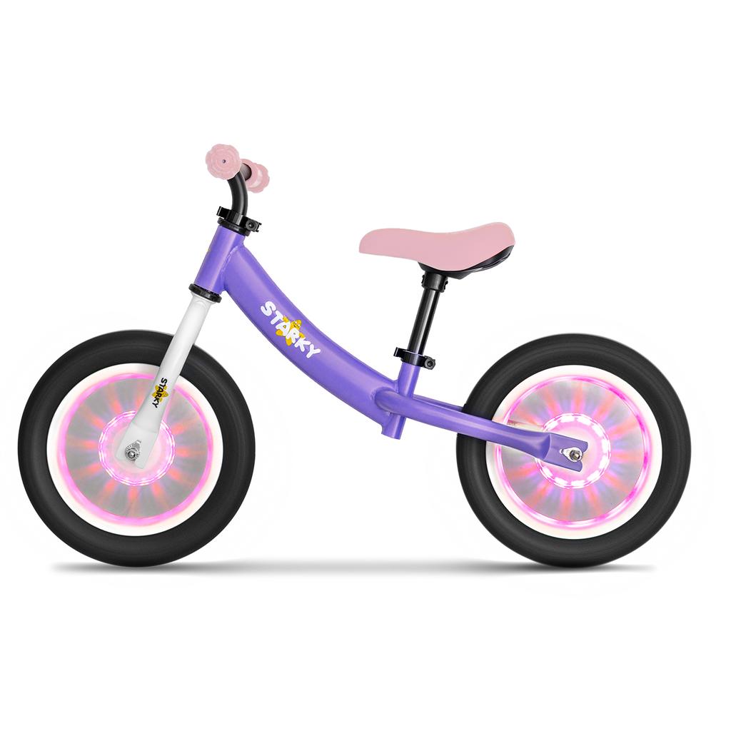 Purple balance bike with 12 wheels and LED lights, steel frame for girls