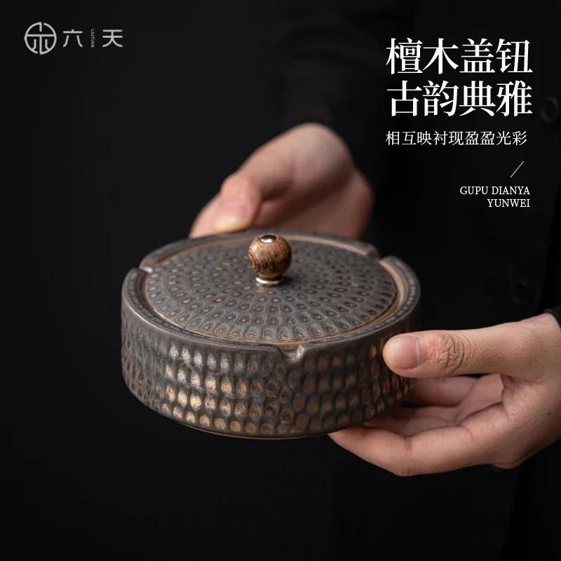 Ceramic Ashtray with Cover Home Office Creative Living Room Chinese Fly Ash Proof Ceramic Ashtray