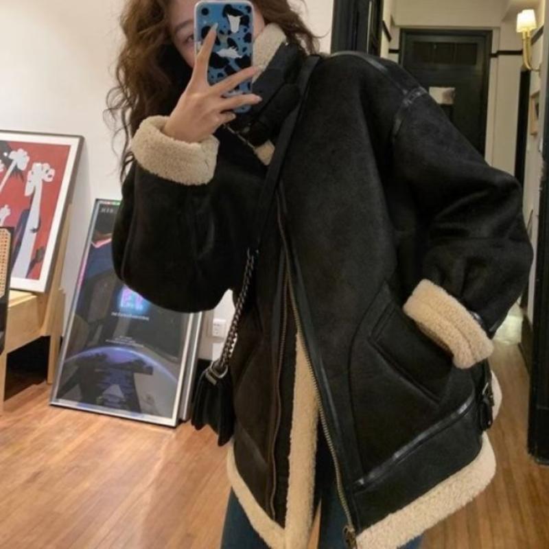 Зимняя дубленка из искусственного меха, замши, кожи, женская теплая дубленка из ягненка, на молнии, в байкерском стиле, с длинным рукавом, короткая повседневная верхняя одежда