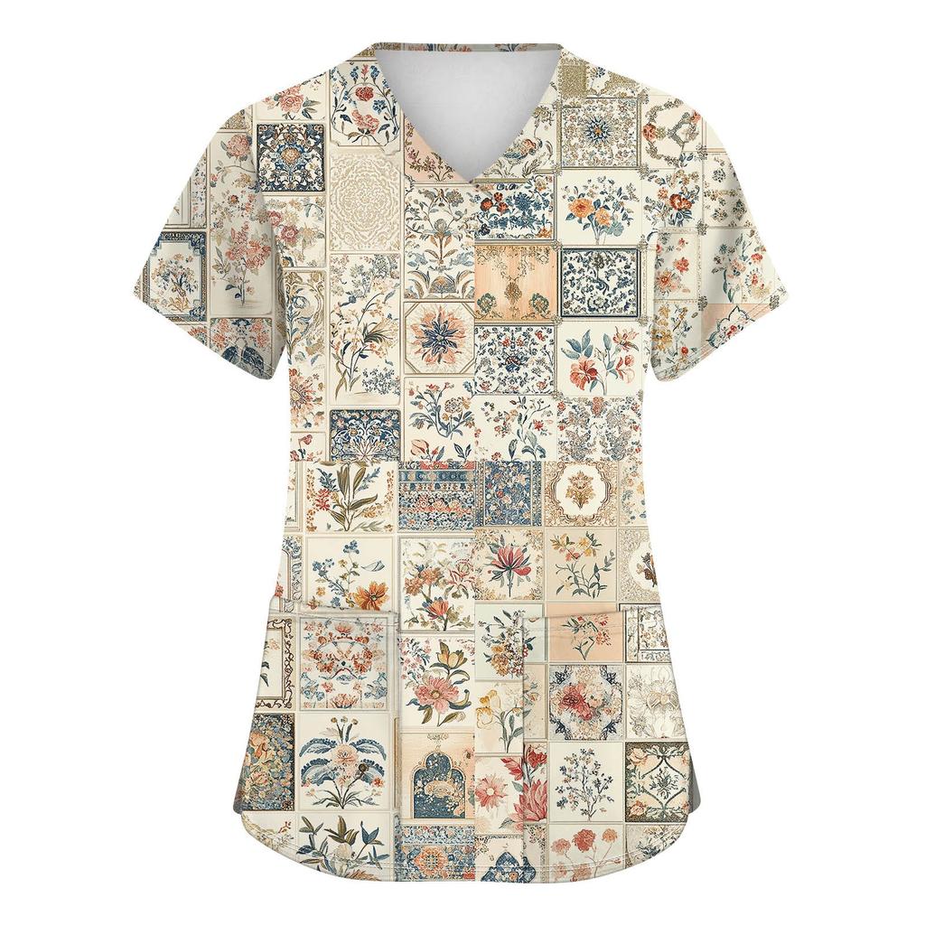 Women's Fashion V-neck Short Sleeve Workwear With Pockets Printed Tops