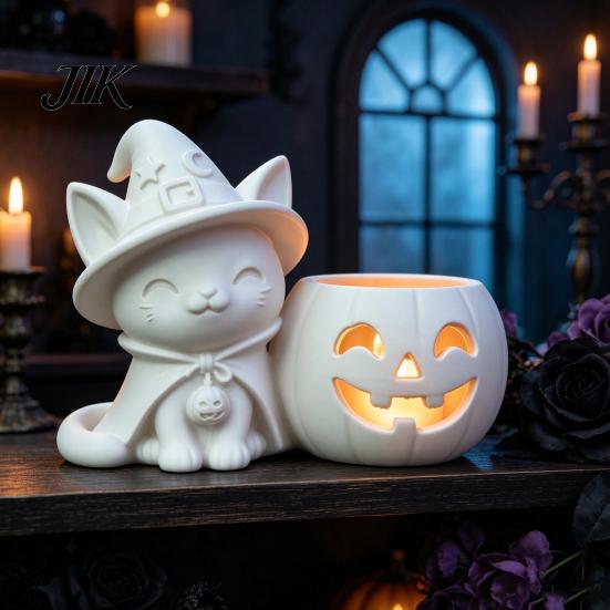 Cute Halloween Crafts Black Cat Pumpkin Candlestick, 3D Printed Witch Candle Hollow Light Holder with Tealight Cup, Spooky Tabletop Decor for