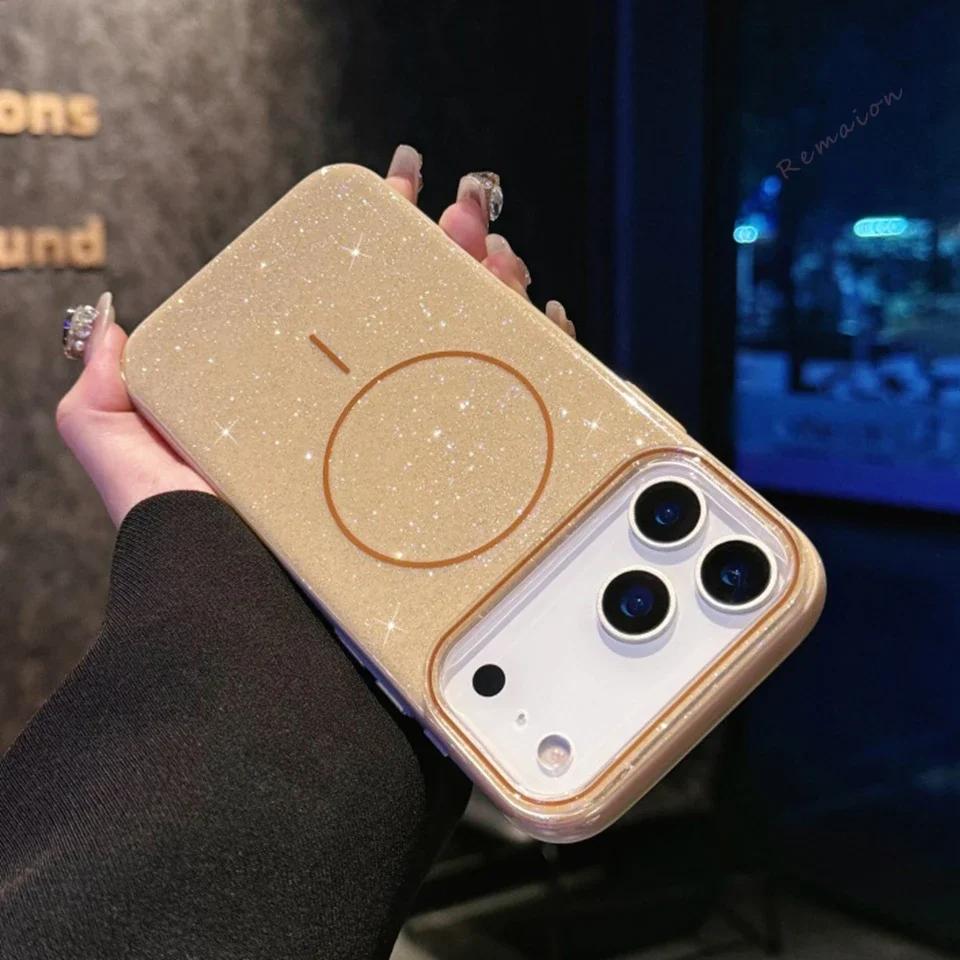 Магнитный Чехол для Телефона для iPhone 17 16 15 14 13 Pro Max Air Plus Для Magsafe Funda Блестящий Блестки Покрытие для Беспроводной Зарядки
